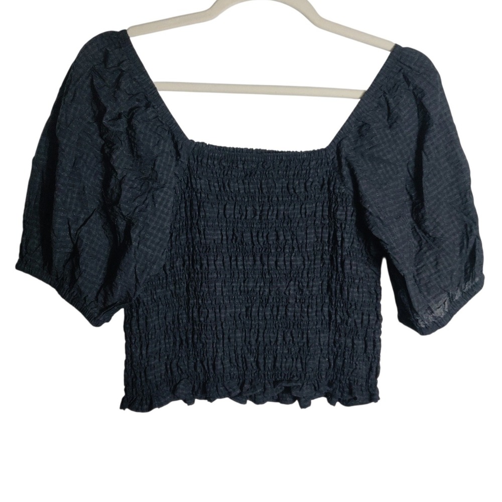 Old Navy Womens XL Gingham Smocked Puff‎ Sleeve Top Navy Blue Black Square Neck